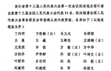 浙江省十三屆人大一次會(huì)議選舉產(chǎn)生94名全國人大代表